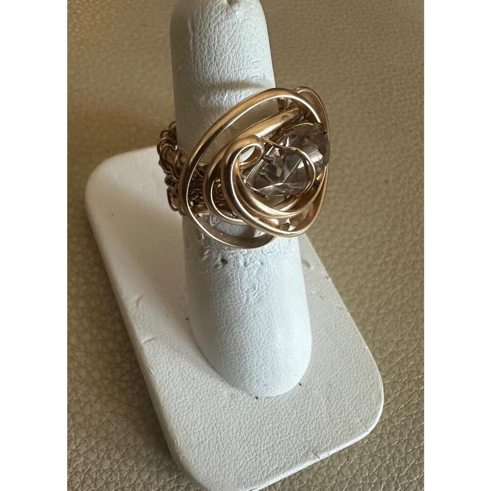 Crystalline Stone wrapped in 14kt Gold Fill Wire Fine Silver Crochet Band Size 6